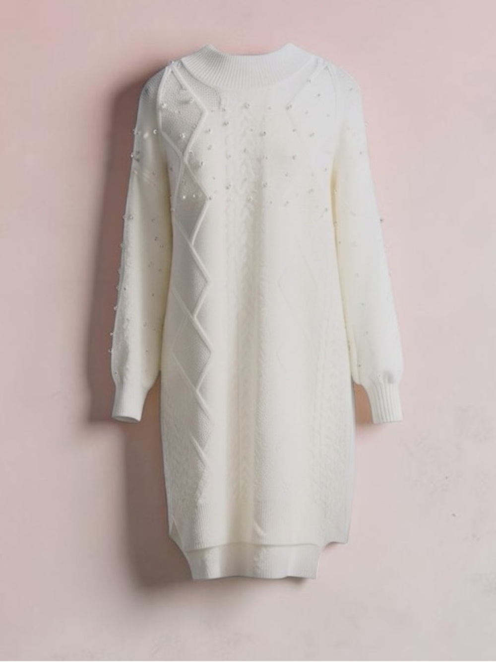 Francesca's Collections Ivory Pearl-Studded Cable Knit Crewneck Sweater
